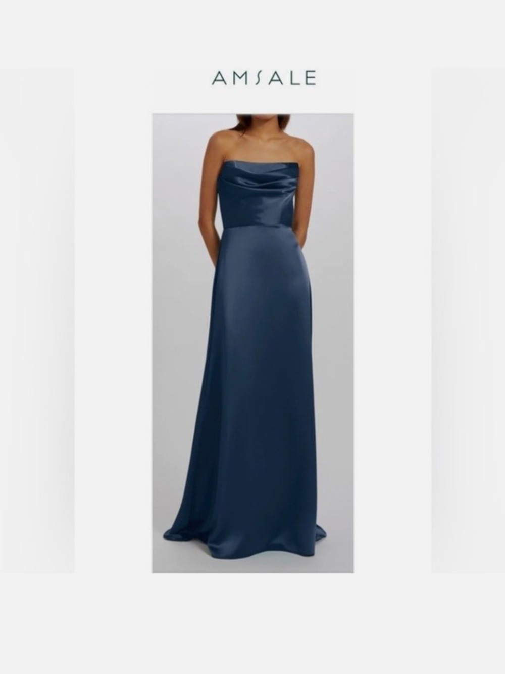 Amsale Strapless Navy Satin Column Gown